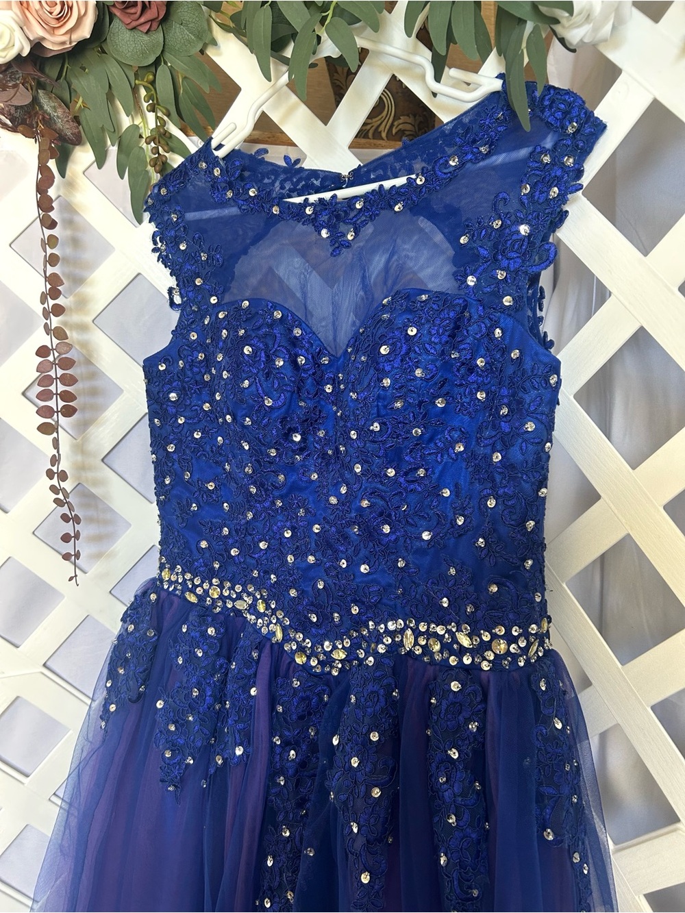 Royal Blue Beaded Tulle Formal Dress Illusion Neck Prom Gown  EST-M/L - Picture 4 of 10